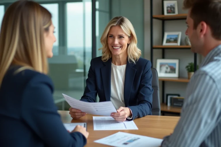 Agent immobilière IAD expliquant le calcul des frais d'agence à un couple lors d'une consultation dans une agence moderne
