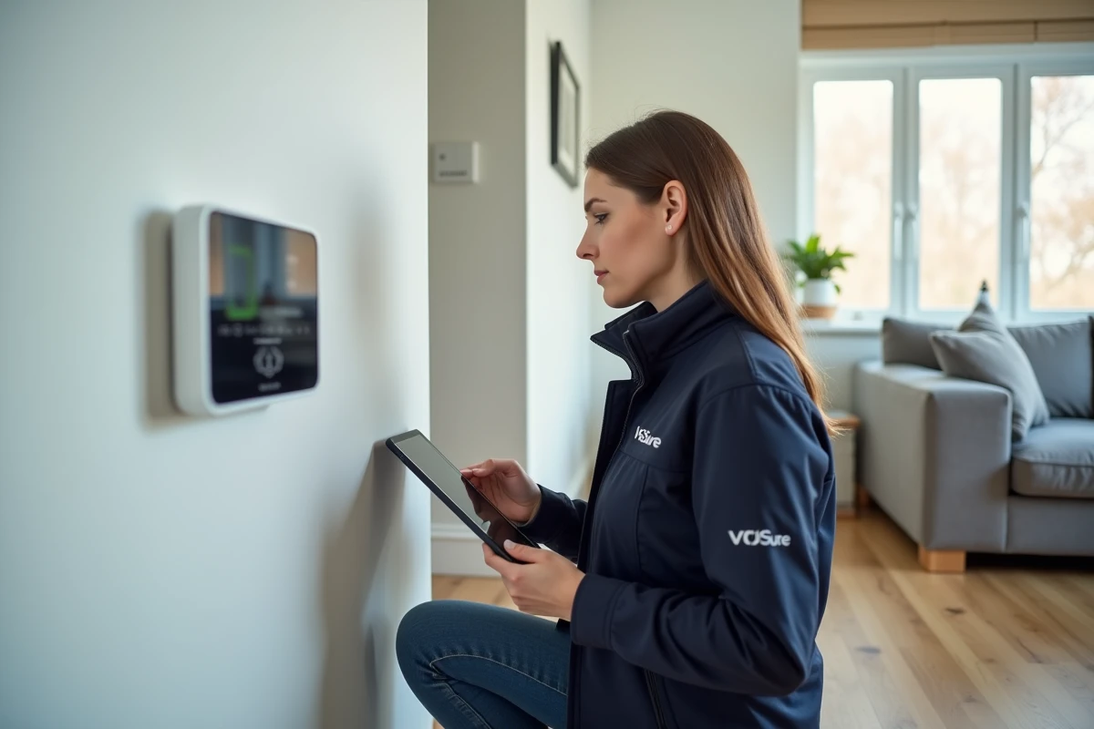 Agente Verisure féminine configurant un système d'alarme mural dans un salon moderne lors d'un déplacement à domicile
