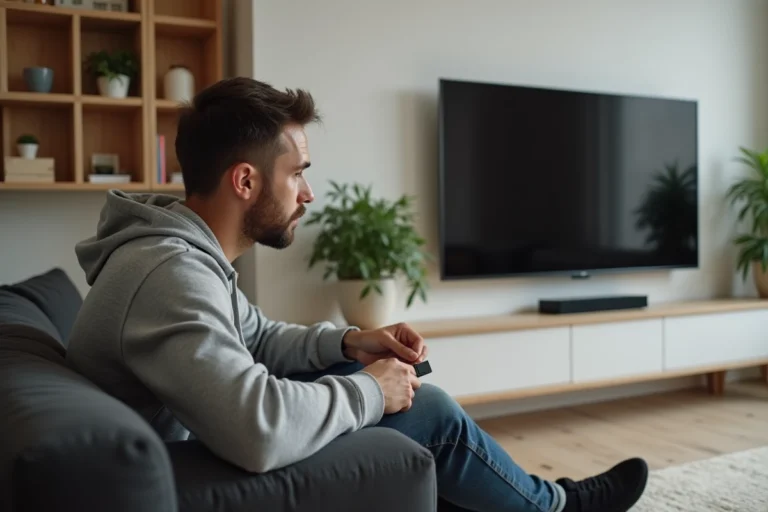 Homme branchant une clé streaming HDMI derrière un téléviseur dans un salon moderne