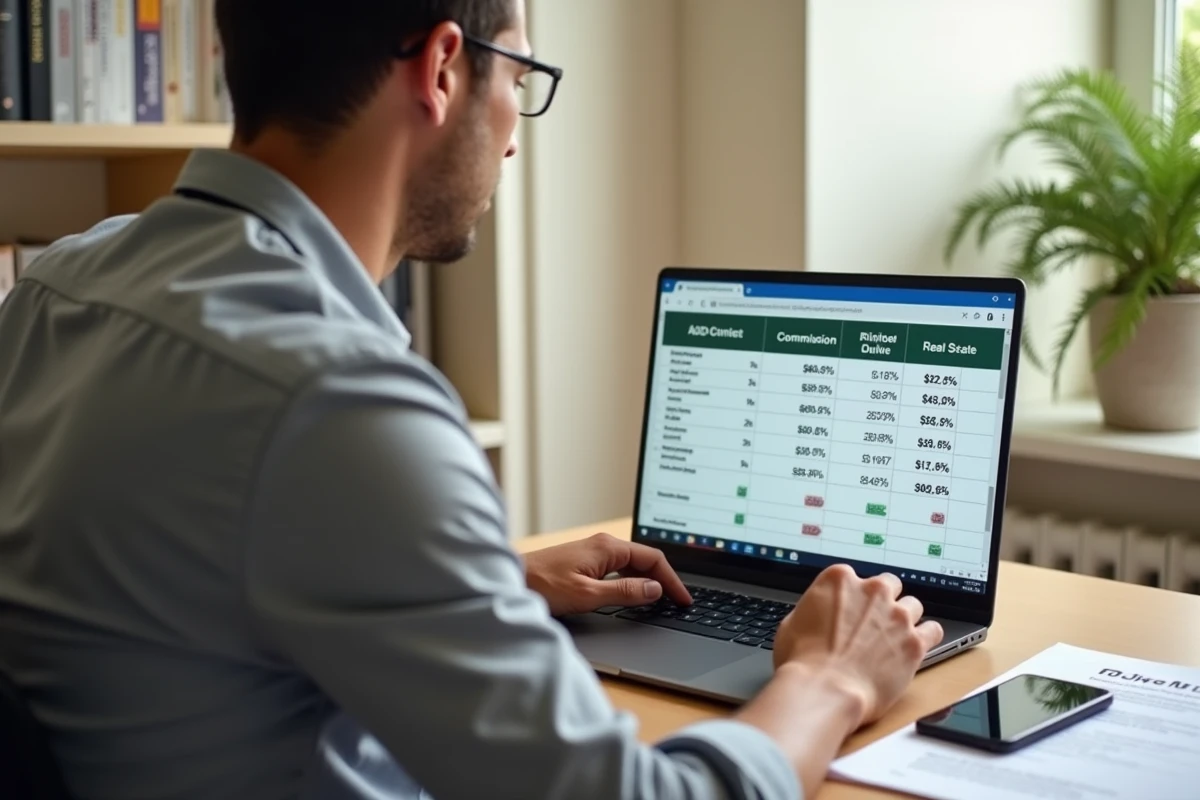 Homme calculant les frais d'agence IAD sur un ordinateur portable avec des documents immobiliers sur son bureau à domicile