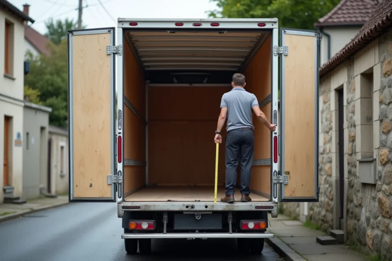 Camion 4m3 portes ouvertes avec vue sur l'espace de chargement et dimensions intérieures mesurées