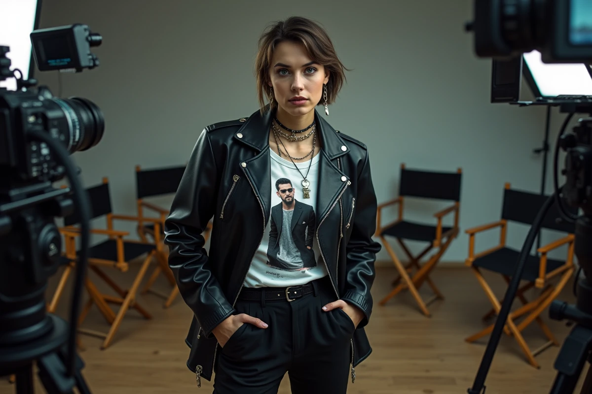 Jeune femme au style avant-gardiste sur un plateau de tournage entouré d'équipement cinématographique et de magazines de mode illustrant la triple carrière de Cara Delevingne