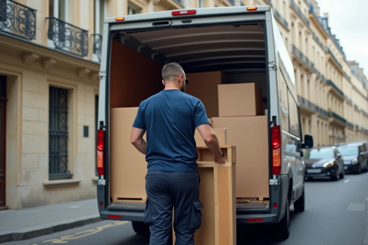 Déménageur chargeant des cartons et meubles dans un camion utilitaire 4m3 devant un immeuble parisien