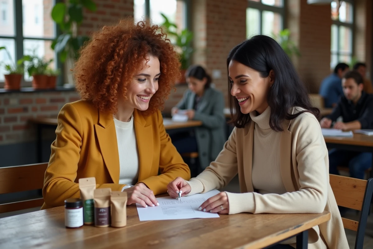 Deux entrepreneuses discutant de leur projet dans le secteur food et beauté autour d'échantillons de produits dans un café co-working