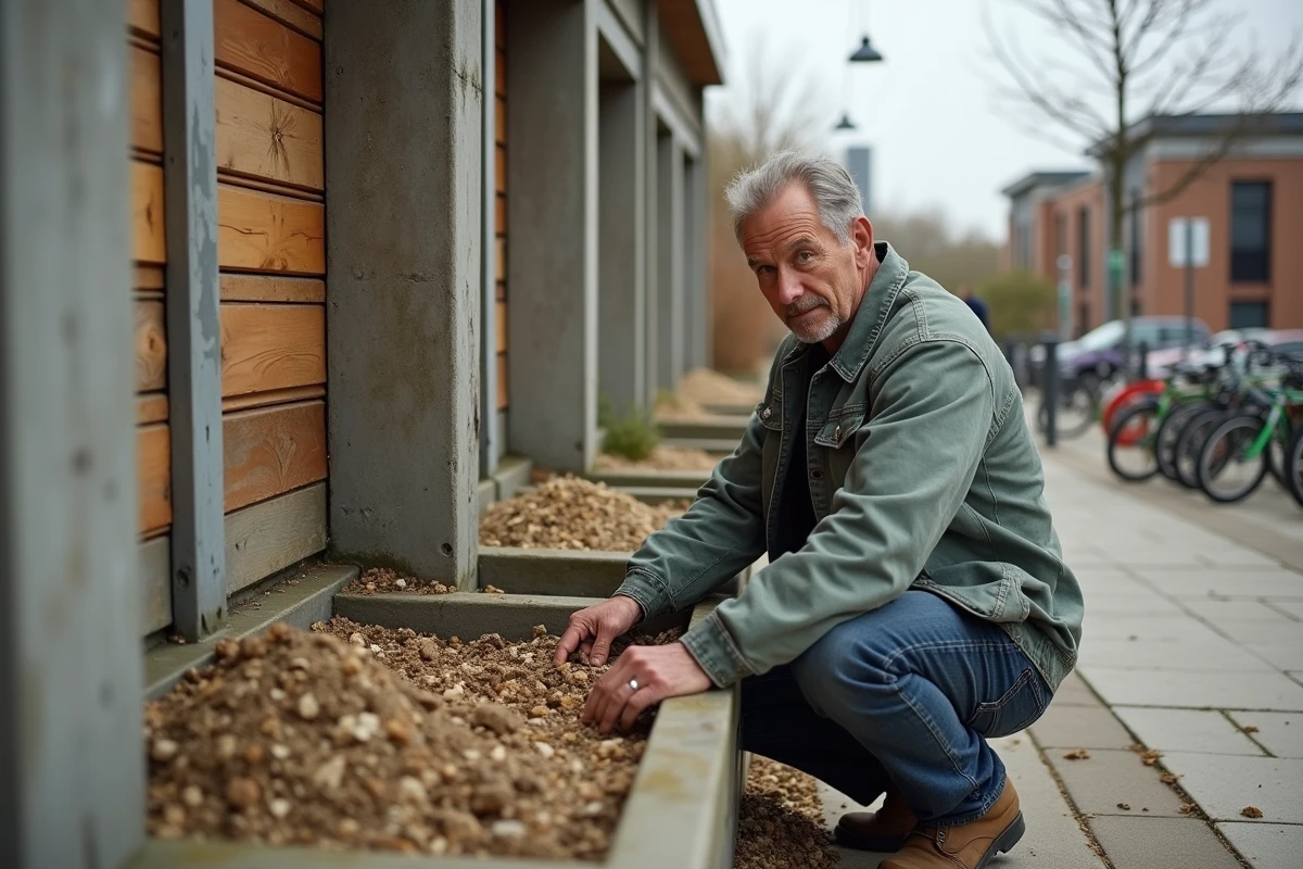 Homme triant des matières organiques dans une station de compostage communautaire durable en milieu urbain