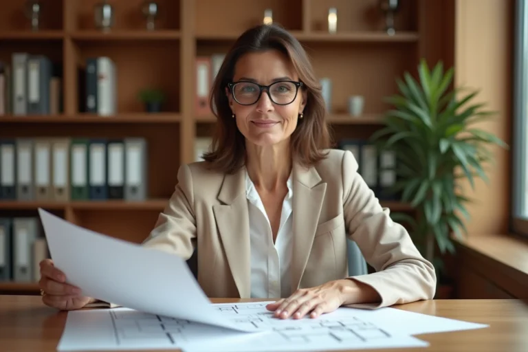 Femme consultante immobilière examinant des plans d'architecte dans un bureau moderne et chaleureux