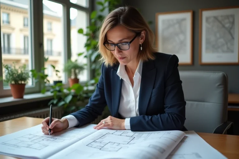 Femme professionnelle analysant des plans immobiliers dans une agence moderne à Paris, conseils pour investissement immobilier en France