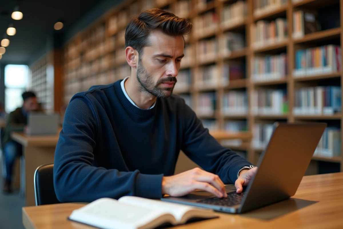 Homme consultant un livre de grammaire française à la bibliothèque pour vérifier une règle d'orthographe