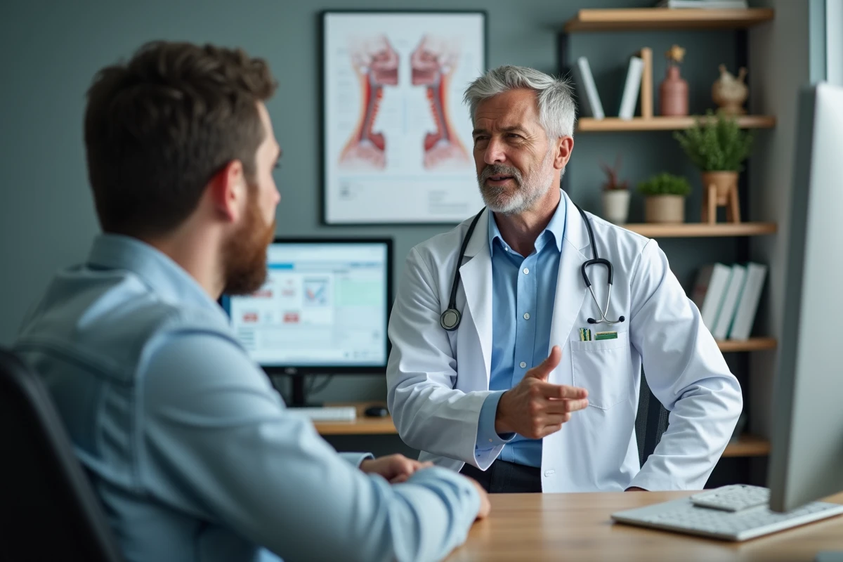 Médecin expliquant les causes de la ronchopathie à un patient lors d'une consultation médicale avec schéma anatomique des voies respiratoires