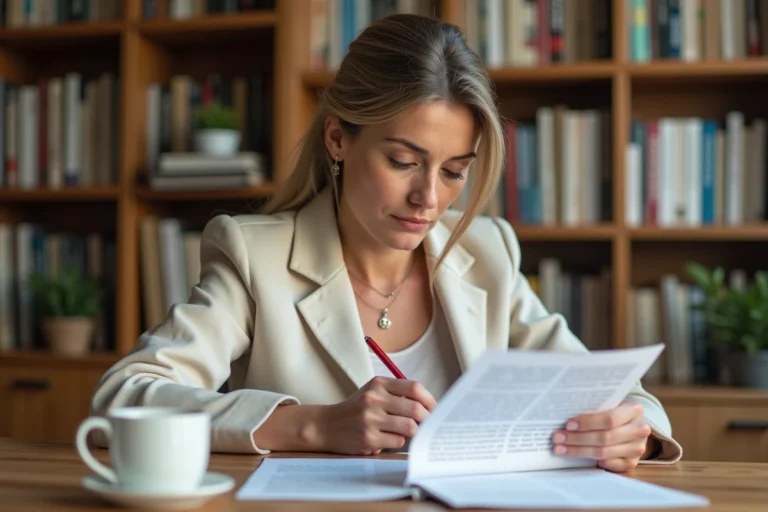 Femme corrigeant un document en français avec un stylo rouge, illustrant les règles d'orthographe et d'accord