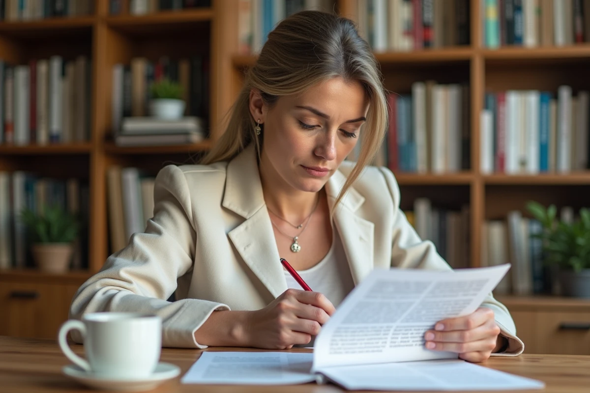 Femme corrigeant un document en français avec un stylo rouge, illustrant les règles d'orthographe et d'accord