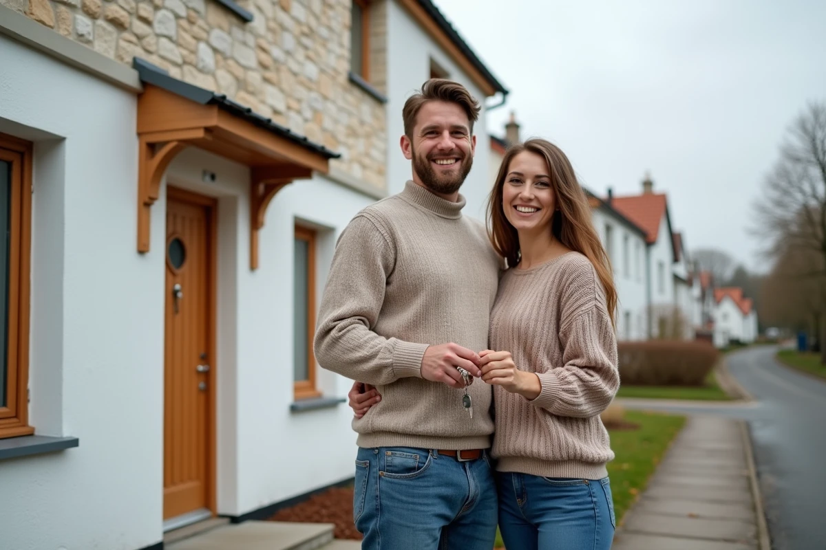 Couple heureux tenant des clés devant leur nouvelle maison lors d'un achat immobilier réussi