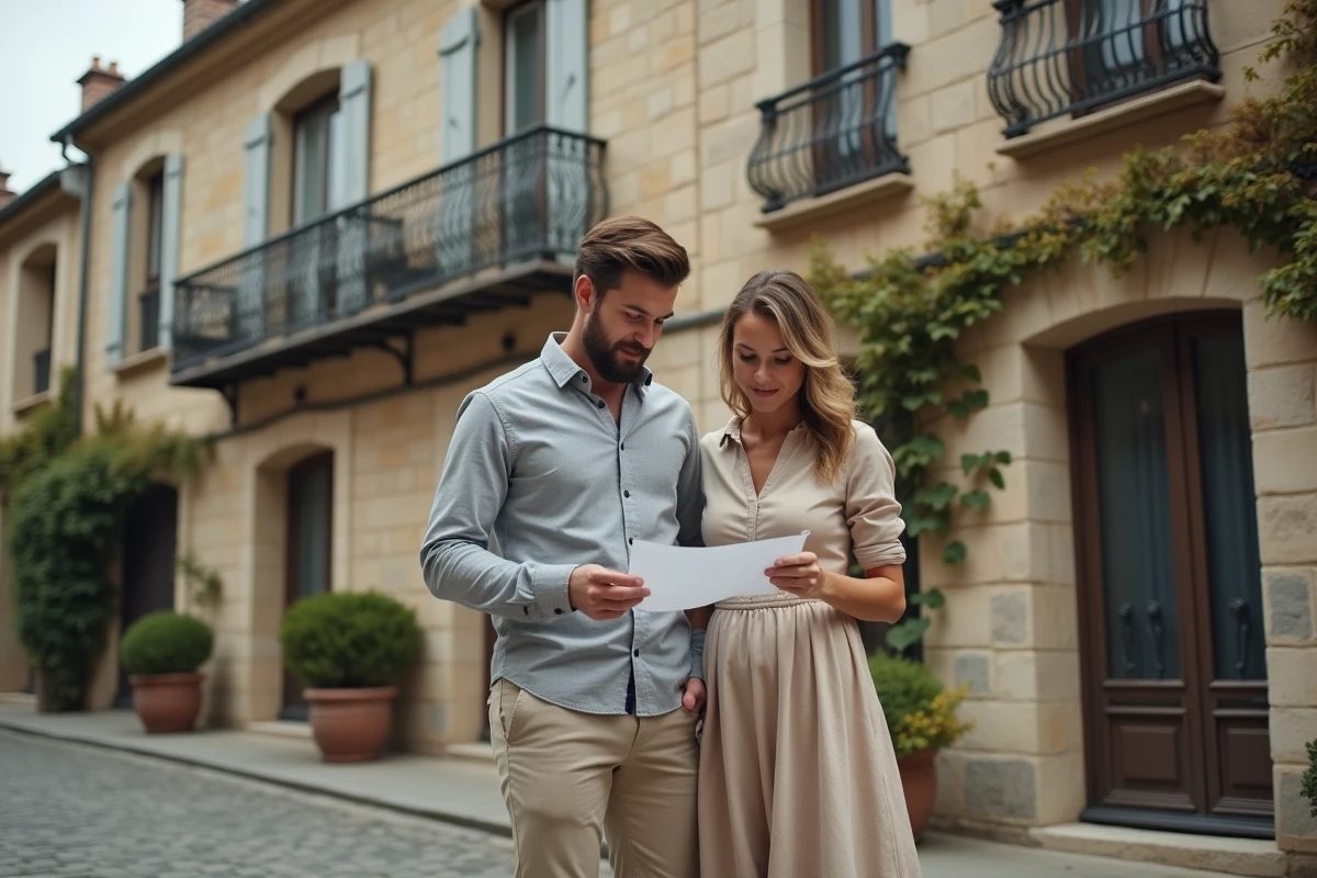 Couple visitant une maison de ville en pierre typique d'une ville française, recherche d'investissement immobilier rentable