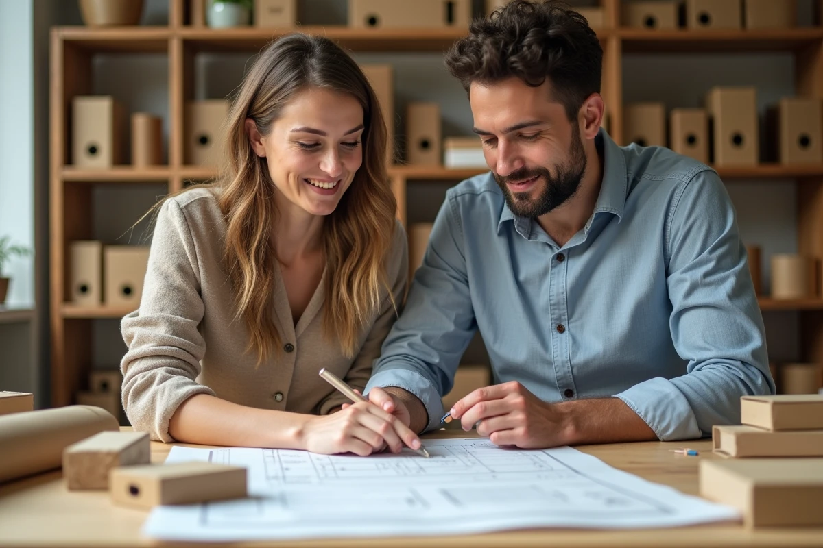 Deux designers collaborant sur des prototypes d'emballages écologiques dans un studio créatif moderne et responsable
