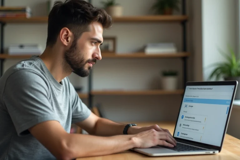 Homme désinstallant un logiciel antivirus sur un ordinateur portable dans un bureau à domicile