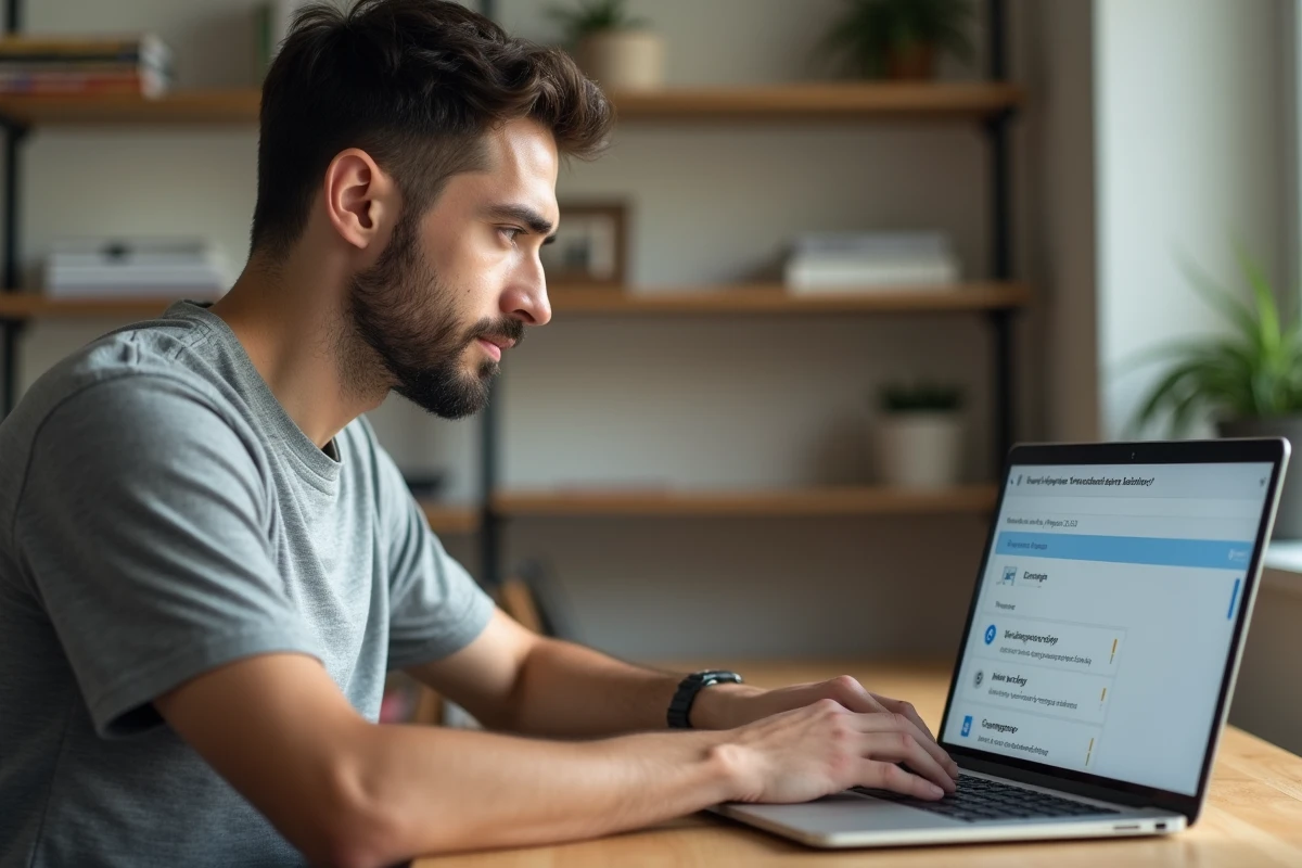 Homme désinstallant un logiciel antivirus sur un ordinateur portable dans un bureau à domicile
