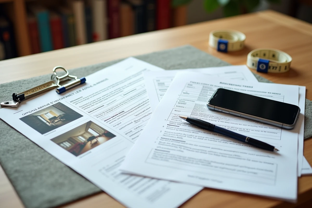 Documents administratifs et fiscaux réunis sur un bureau pour constituer un dossier de preuve d'inhabitabilité auprès des services des impôts