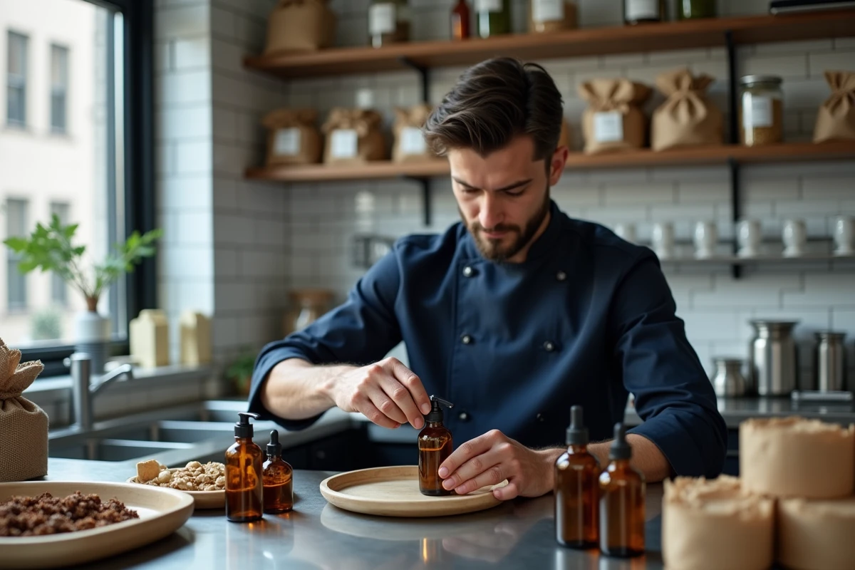 Entrepreneur en train de préparer des produits cosmétiques et alimentaires artisanaux dans un atelier de production indépendant