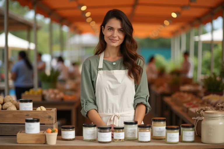 Entrepreneuse dans le secteur food et beauté présentant ses produits artisanaux sur un stand de marché en plein air