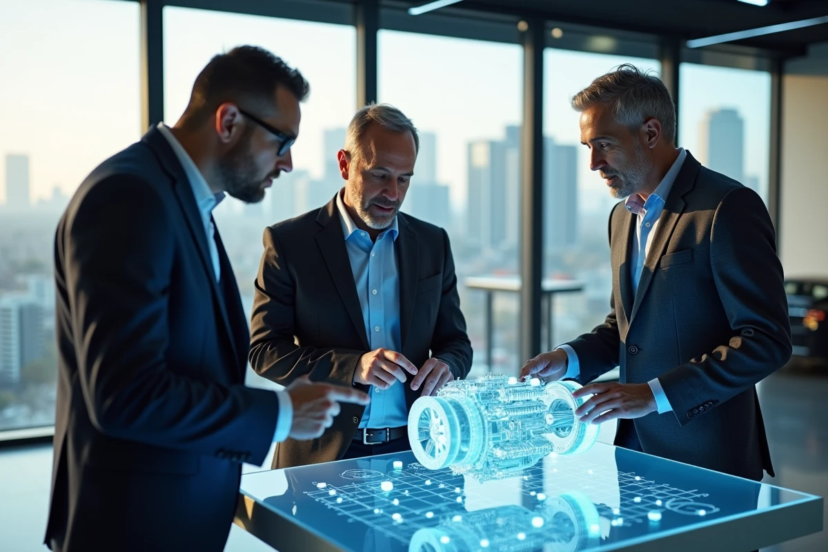 Équipe de professionnels de l'automobile discutant d'un modèle numérique de groupe motopropulseur hybride dans un studio de design connecté