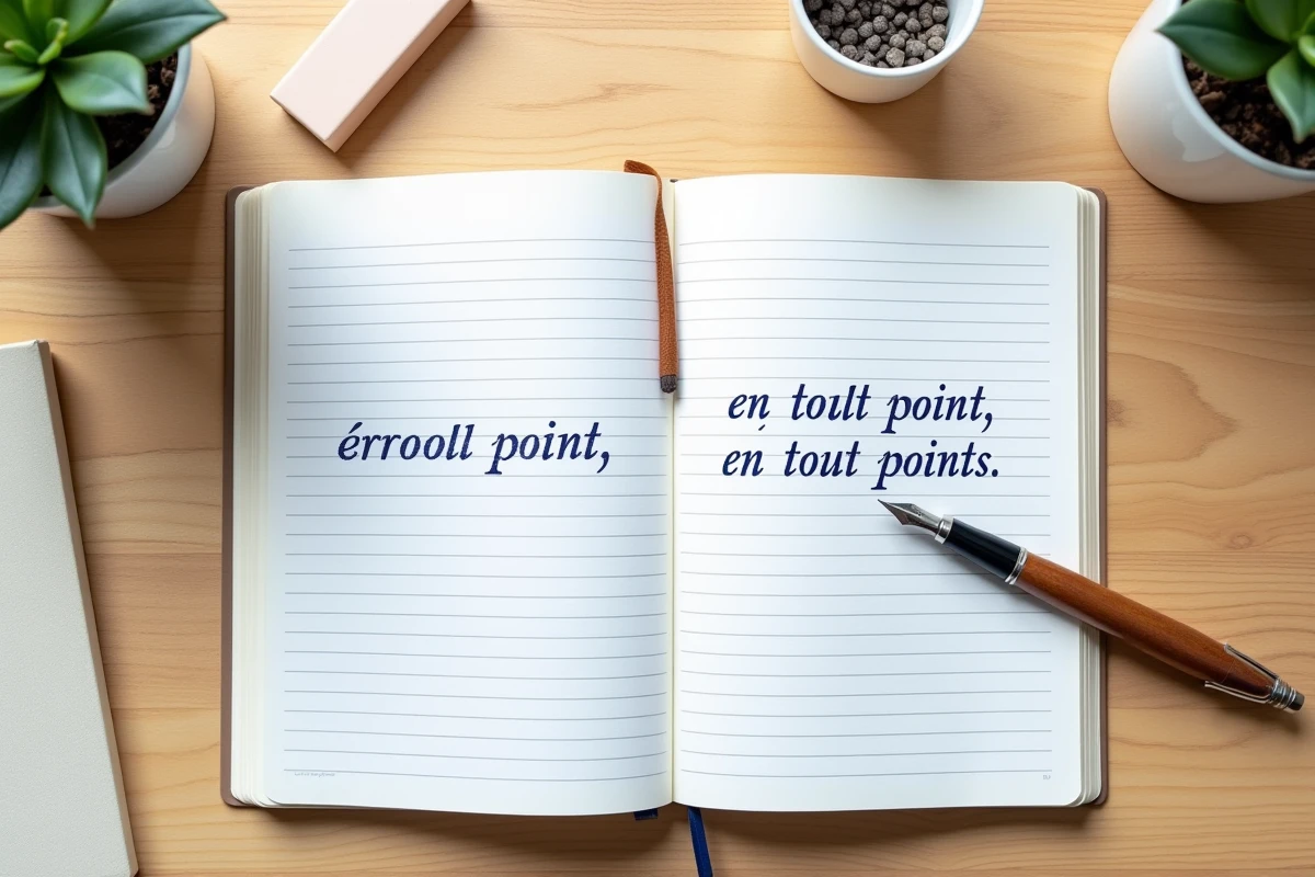 Cahier de grammaire française ouvert montrant un exercice manuscrit sur l'accord de 'en tout point' ou 'en tous points'