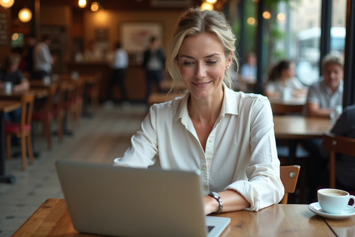 Femme consultant sa boite mail Wanadoo sur un ordinateur portable dans un café parisien