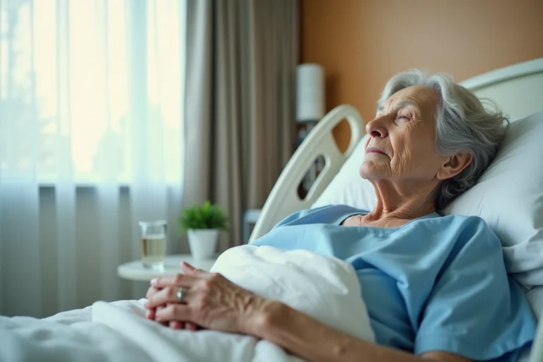 Femme âgée en convalescence dans un lit d'hôpital après une fracture du bassin