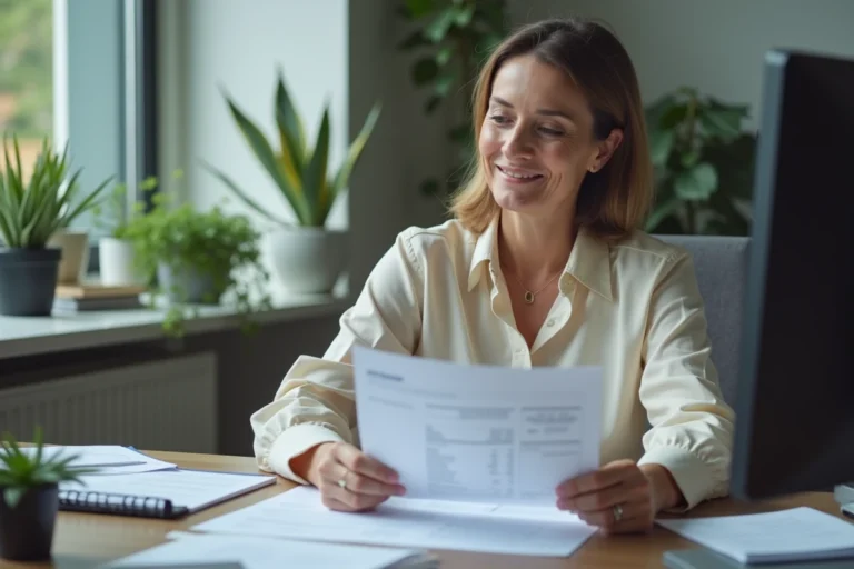 Femme d'âge moyen examine un bulletin de salaire dans un bureau moderne