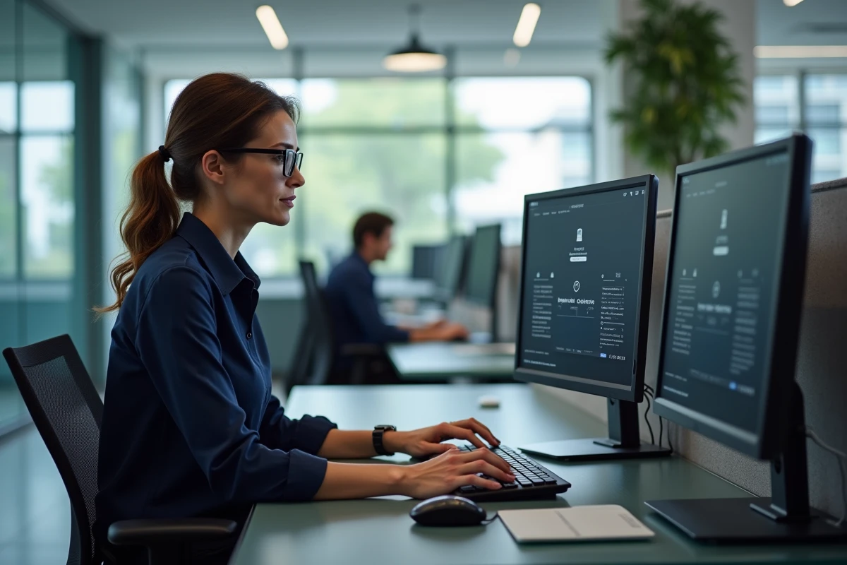 Femme en entreprise suivant les étapes de désinstallation d'un antivirus sur un ordinateur de bureau