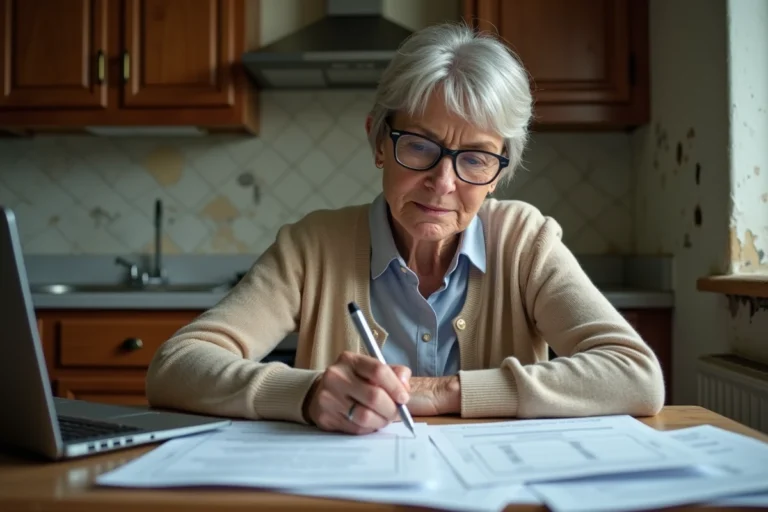 Femme consultant des documents fiscaux et administratifs dans une maison en mauvais état pour prouver l'inhabitabilité aux impôts