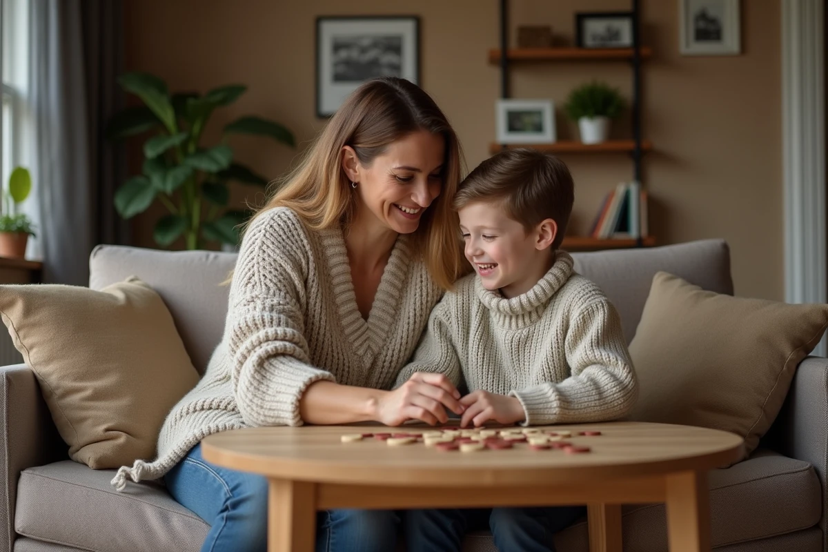 Femme et enfant rient en jouant à un jeu de société