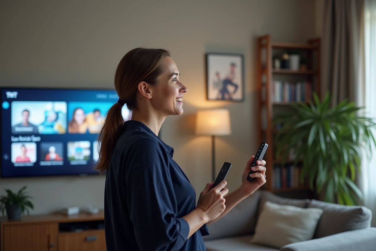 Femme naviguant sur l'interface TNT d'une clé streaming connectée à la télévision