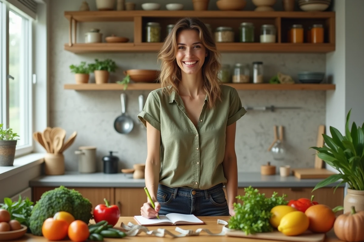Femme en bonne santé notant ses objectifs nutritionnels dans une cuisine avec fruits et légumes frais, lien entre alimentation et poids idéal