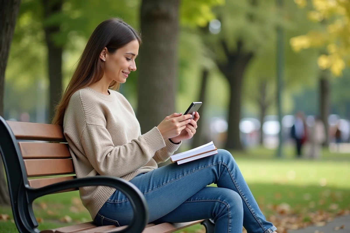 Jeune femme dans un parc vérifiant son application bancaire