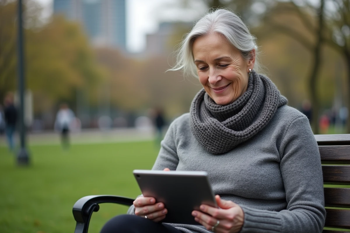 Femme d age moyen utilisant une tablette en plein air