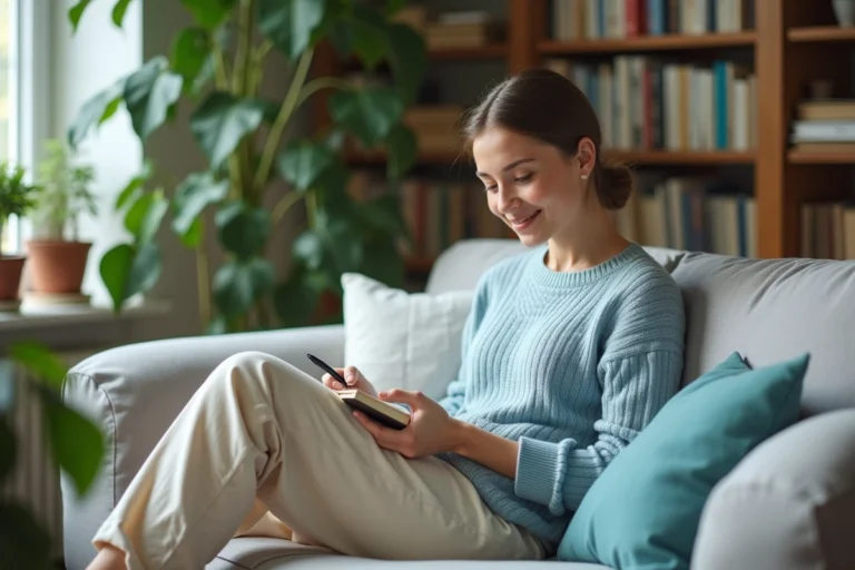 Jeune femme relaxant en journaling dans un salon cosy