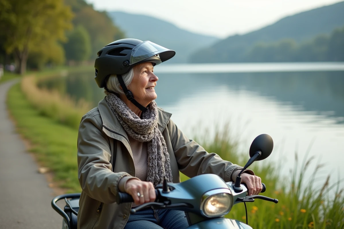Femme senior sur scooter près d