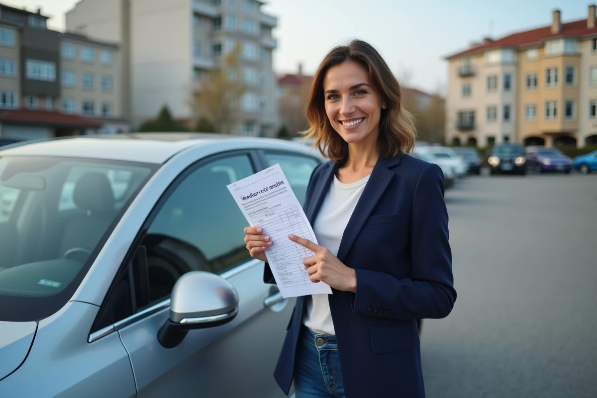 Femme vérifiant le code D2 sur sa carte grise devant son véhicule
