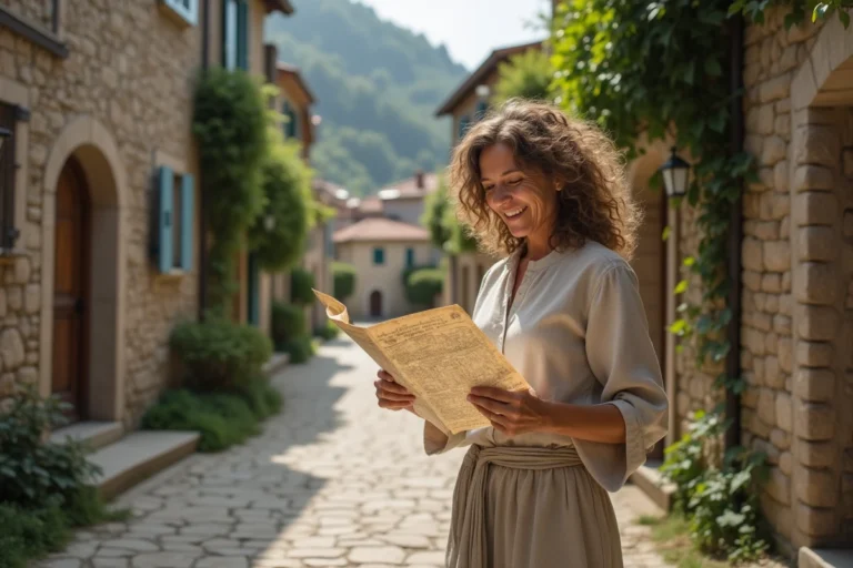Femme aux cheveux bouclés dans un village européen