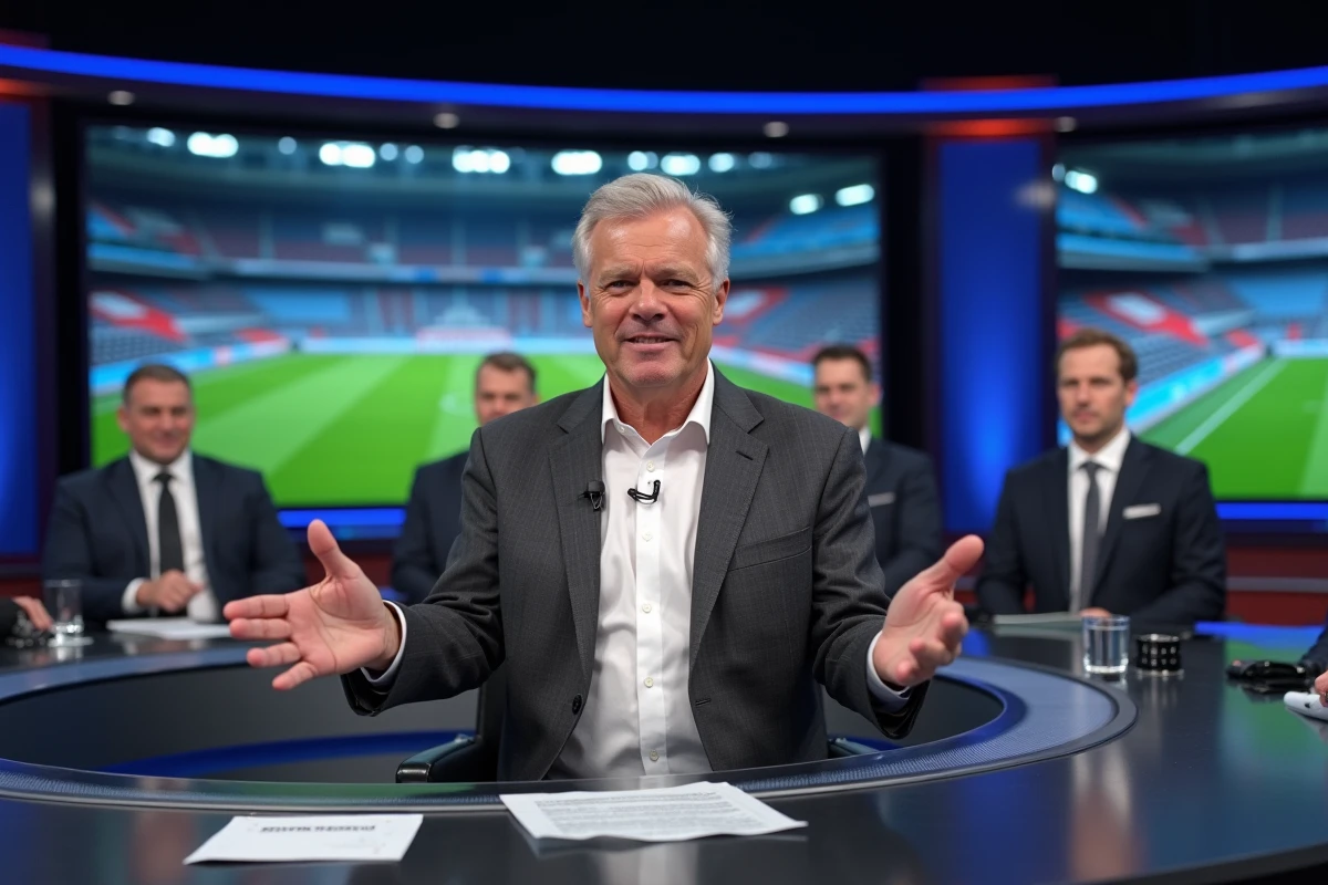 Commentateur de football en blazer anthracite gesticulant avec expression polémique dans un plateau télévisé de sport avec écrans et collègues en arrière-plan
