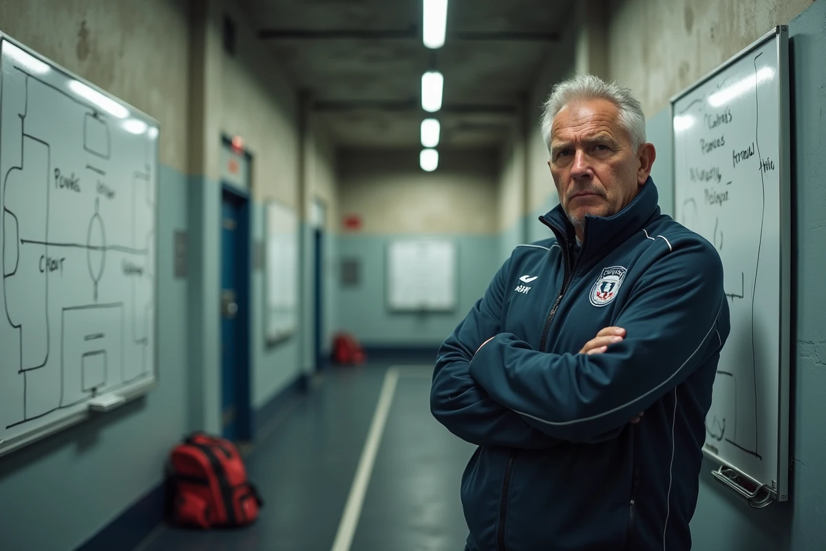 Ancien footballeur en survêtement bleu marine les bras croisés devant un tableau tactique footballistique dans un couloir de centre d'entraînement professionnel