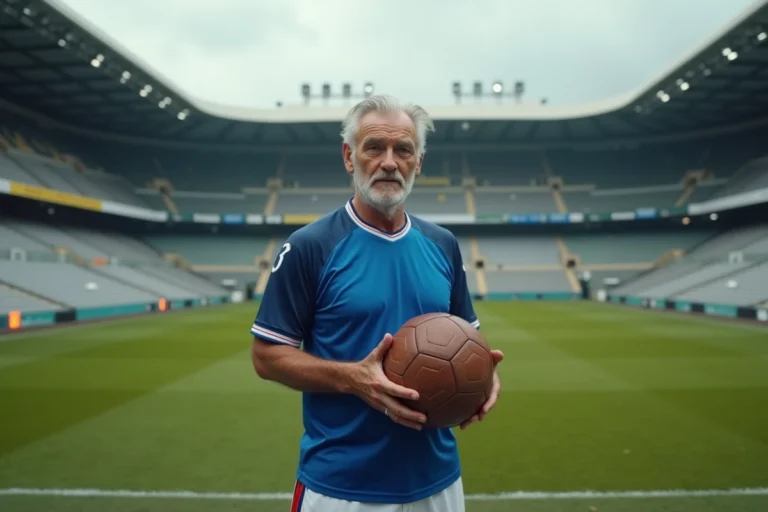 Ancien footballeur professionnel en maillot vintage bleu et blanc tenant un ballon de cuir au bord d'un terrain de stade vide, regard contemplatif et nostalgique