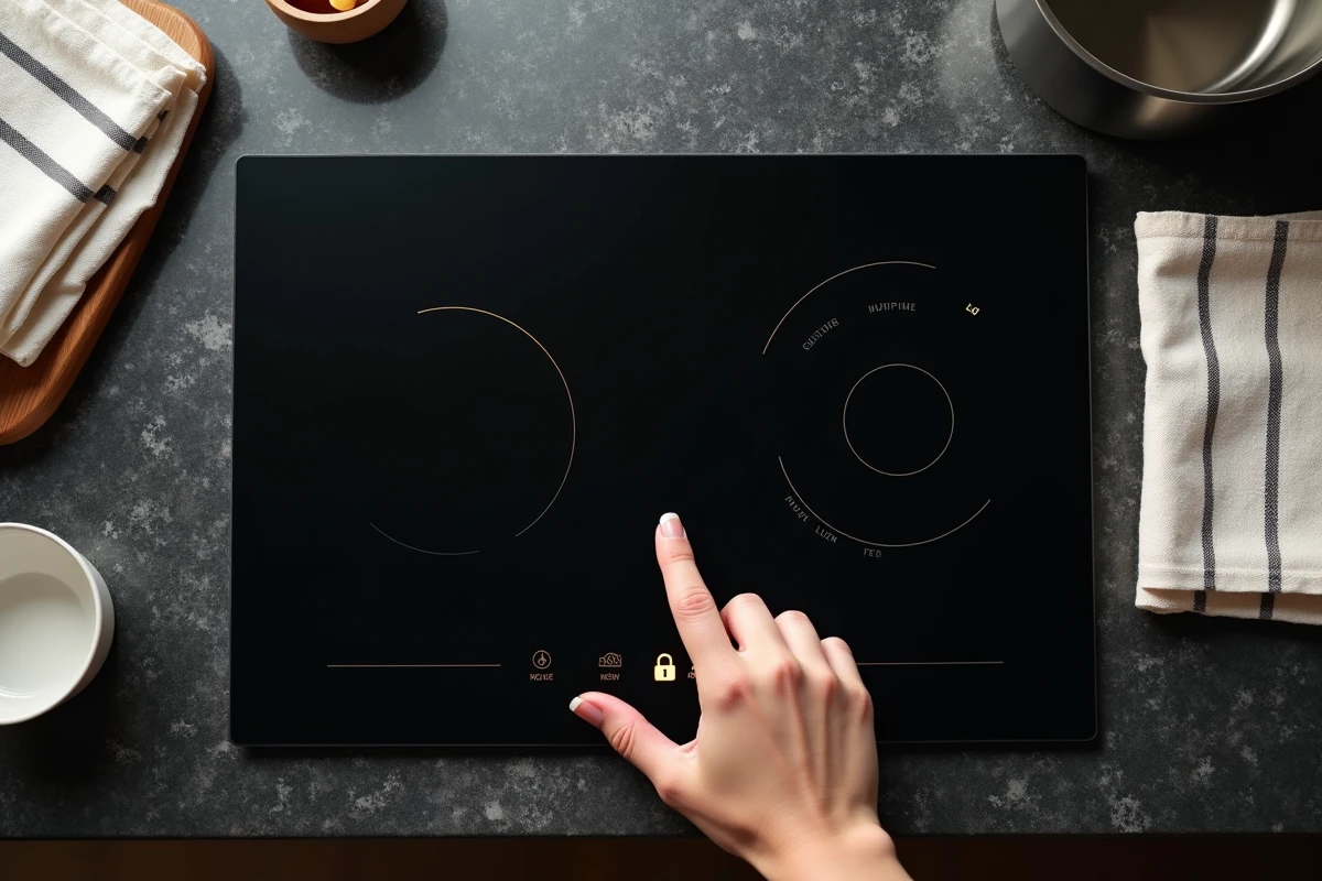 Gros plan sur le bouton de verrouillage d'une plaque induction Electrolux encastrée dans un comptoir de cuisine