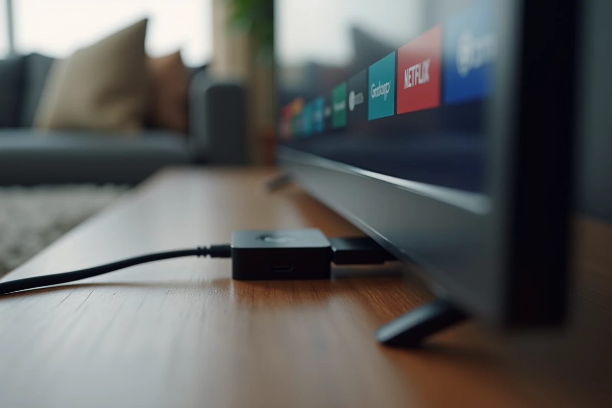 Gros plan d'une clé streaming branchée dans le port HDMI d'un téléviseur avec salon en arrière-plan flou