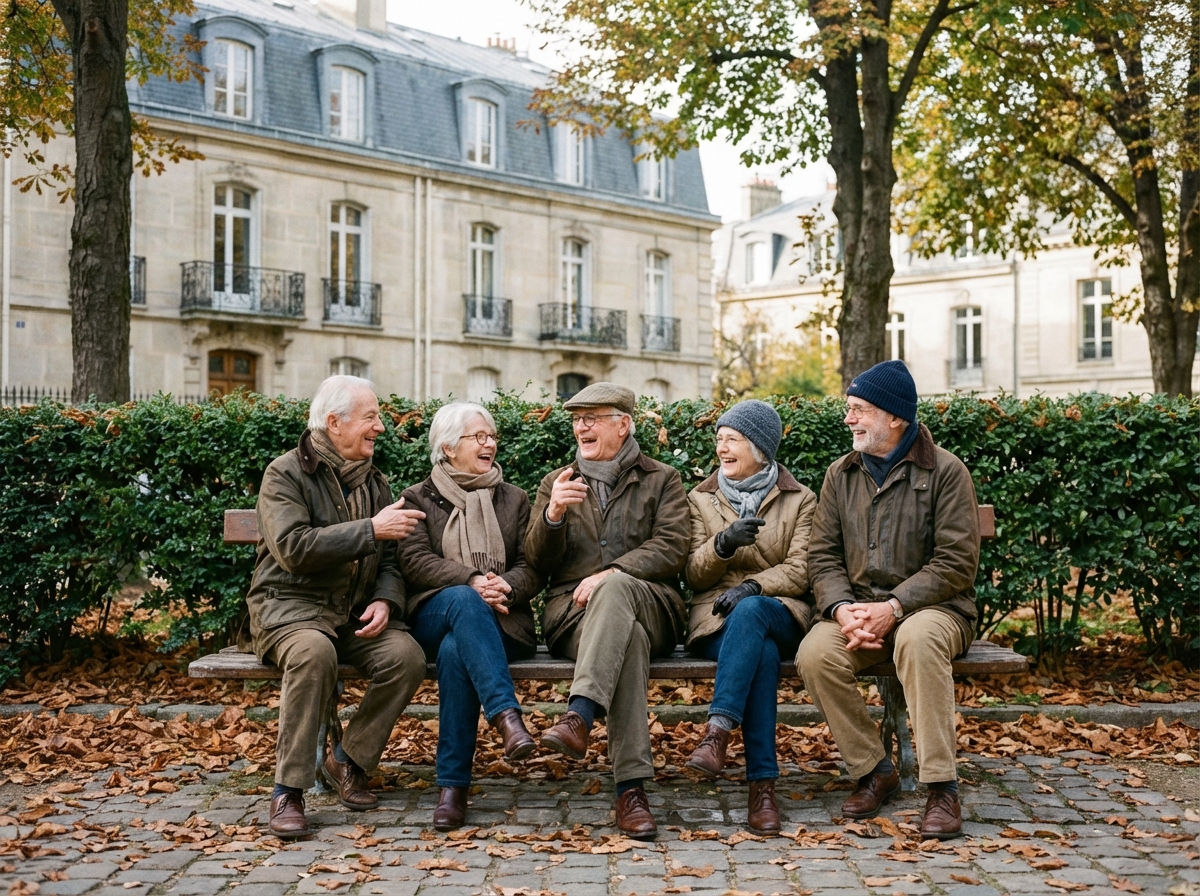 Groupe de seniors discutant dans un parc à Rennes en automne