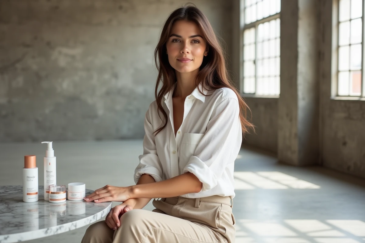 Jeune femme en tenue épurée avec des produits de beauté de sa marque personnelle dans un loft new-yorkais illustrant comment Hailey Bieber a bâti un empire au-delà du mannequinat