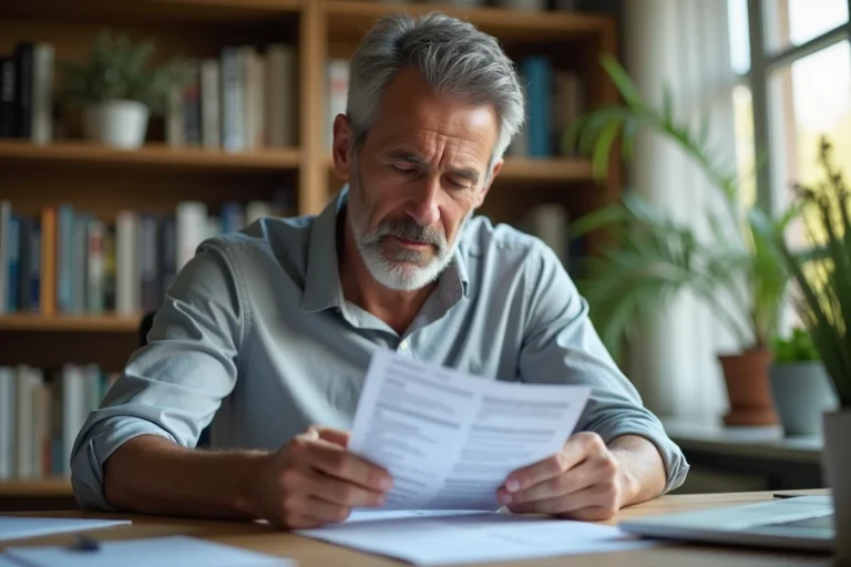 Homme consultant sa carte grise à son bureau pour comprendre le code D2