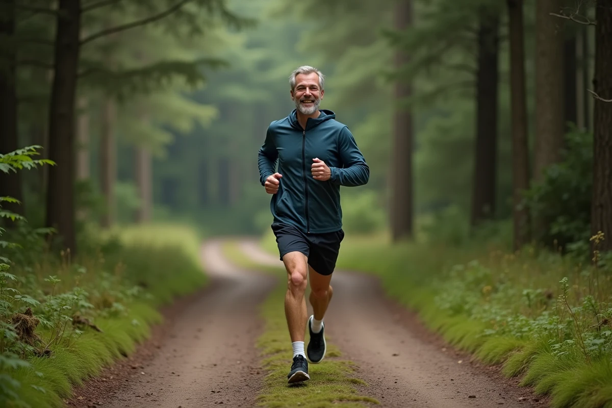 Homme courant en forêt dans un environnement naturel