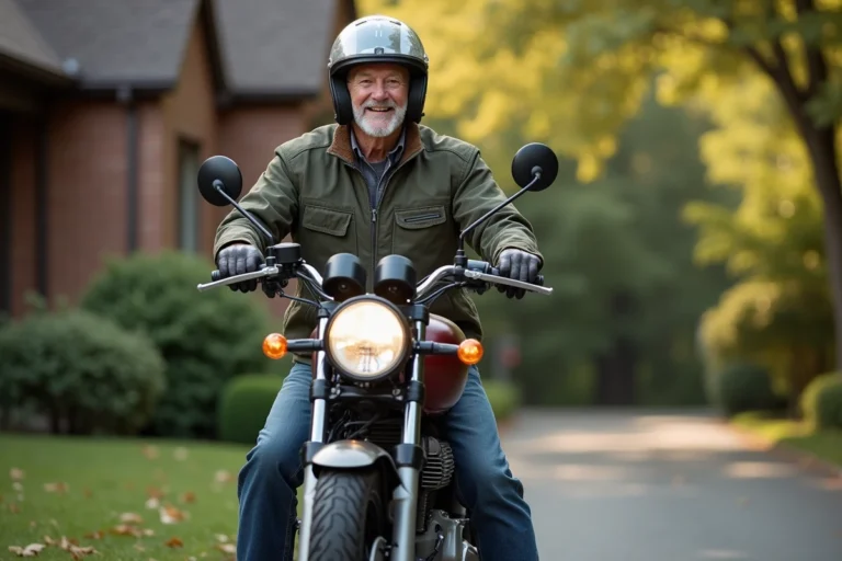Senior homme en moto dans une cour verdoyante