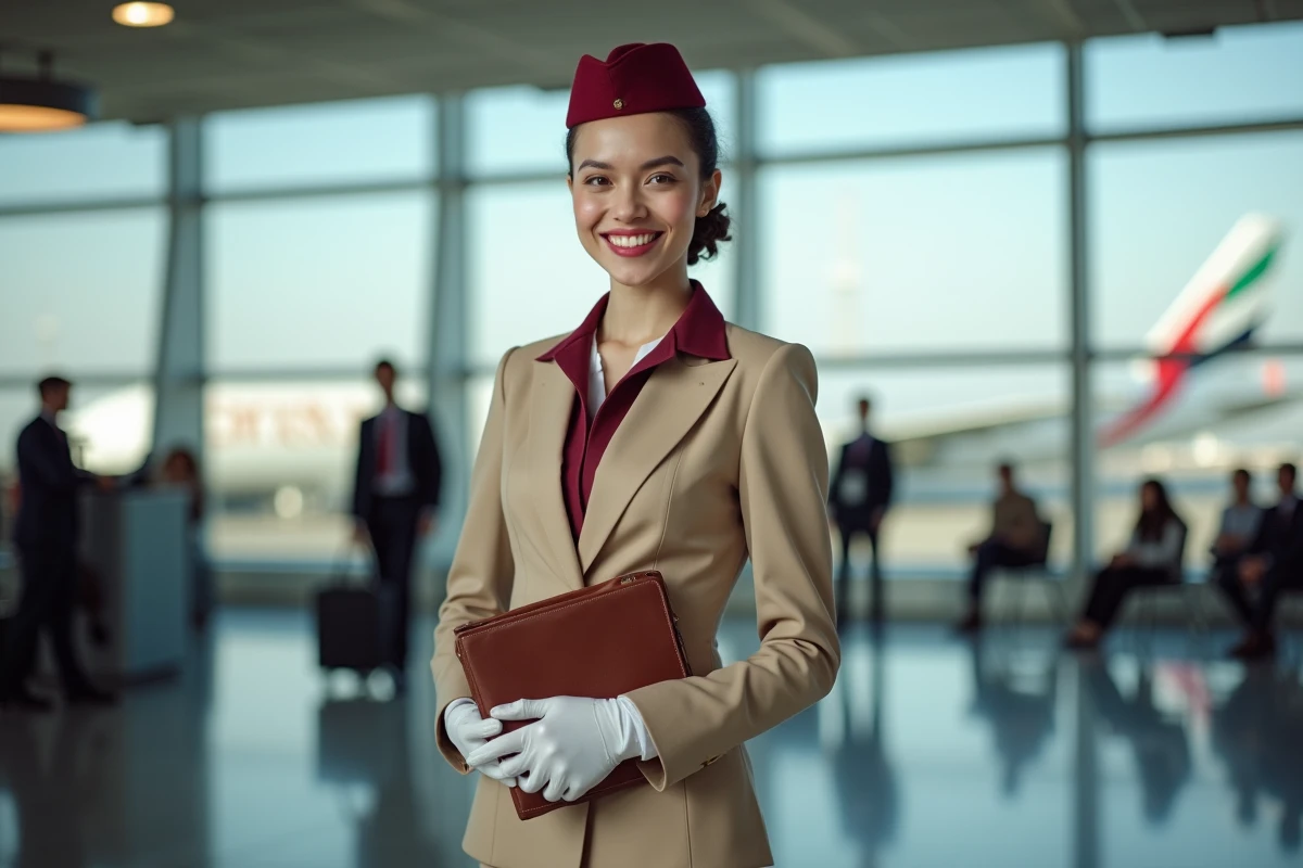 Hôtesse de l'air Emirates en uniforme beige et rouge dans un terminal d'aéroport moderne